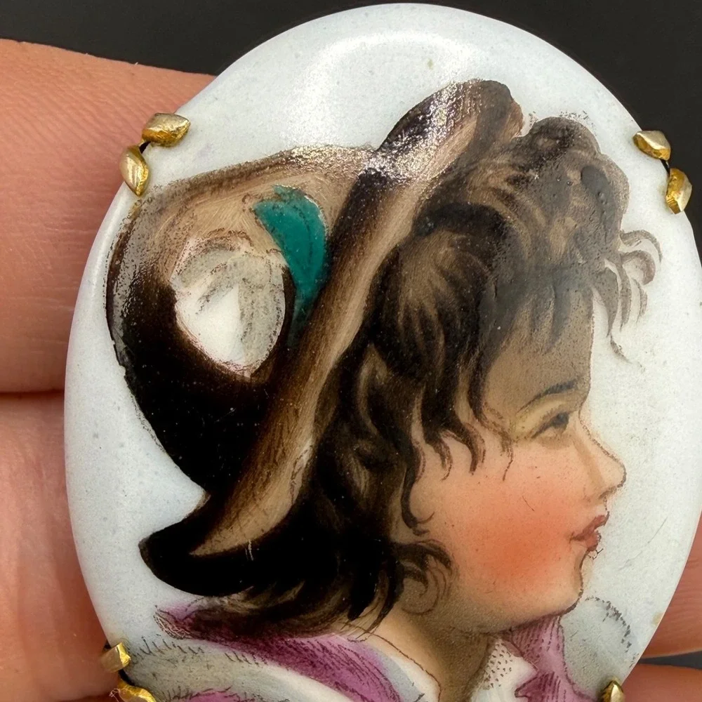 Vintage Victorian Hand Painted Porcelain Brooch Little Girl With Hat